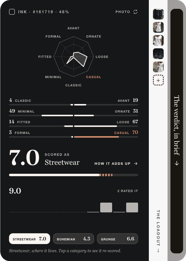 The pod app: the back of an outfit card — 8 axes, the AI score and the people’s score